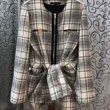 Осень, Женская клетчатая куртка с круглым вырезом и застежкой-молнией спереди, скрученный узел и скрученный узел