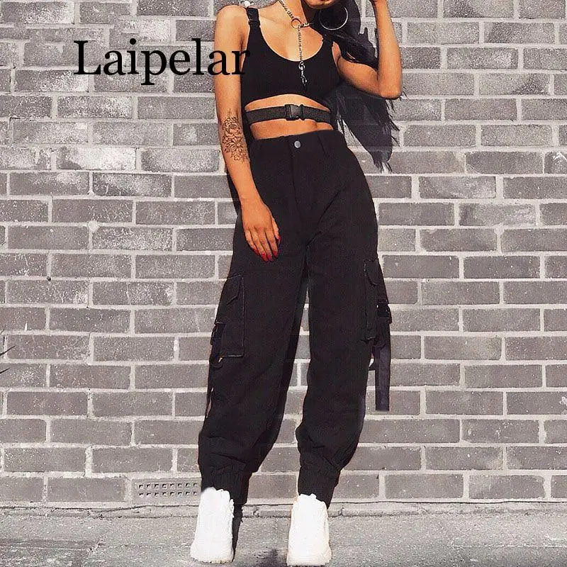 

Women's trousers high waist pocket patchwork hip hop streetwear mom's old-fashioned loose clothing tooling pencil trousers