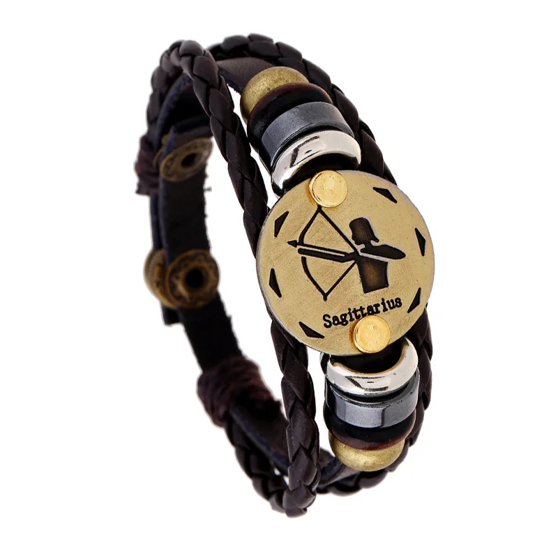 12 браслеты с изображениями созвездий Модные украшения кожаный браслет Для мужчин Повседневное личности Знаки зодиака браслет в стиле "панк" - Окраска металла: 1