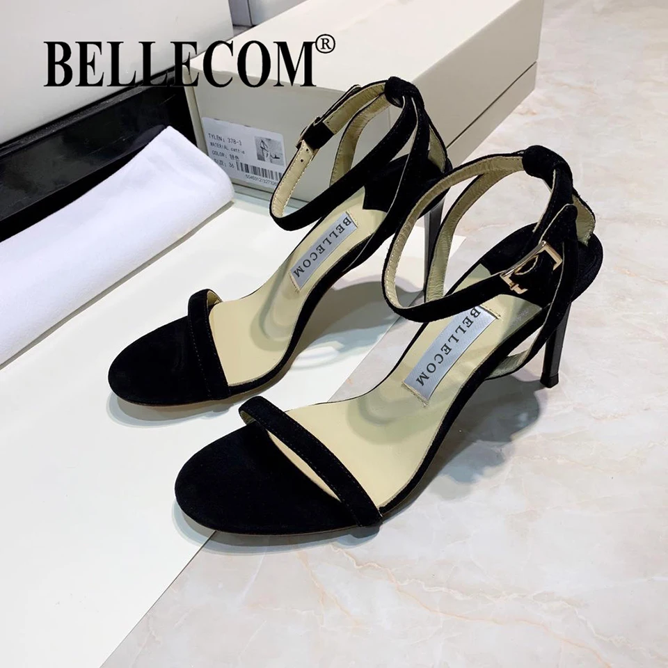 

BELLECOM Summer 2019 New Women's Shoes Sexy One-Word Buckle Suede Round-Headed High-heeled Open-toed Sandals