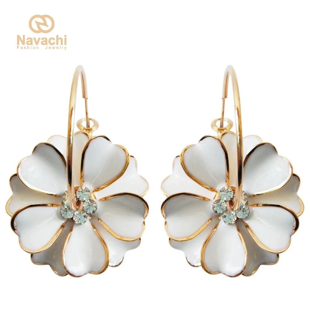 

Navachi White Enamel Flower Yellow Clear Crystal Rhinestone Hoop Hook Free Shipping Dangle Earrings SMT2461