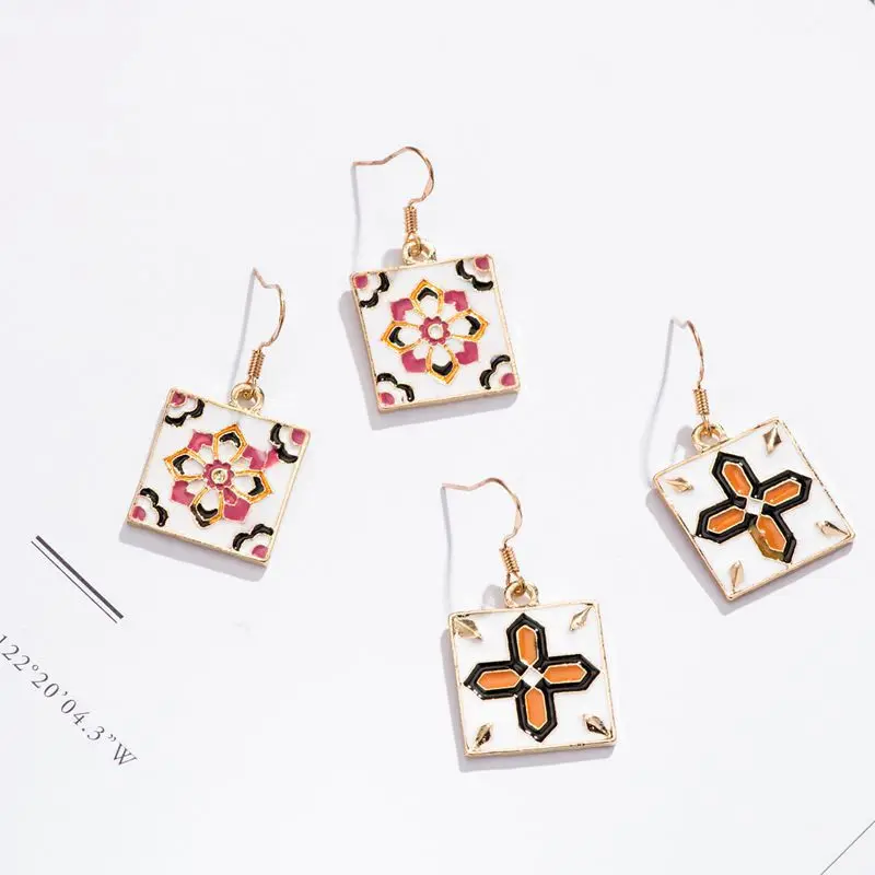 

Personality square ear hook retro baroque ceramic tile ear hook simple ins temperament pattern earrings joker earrings
