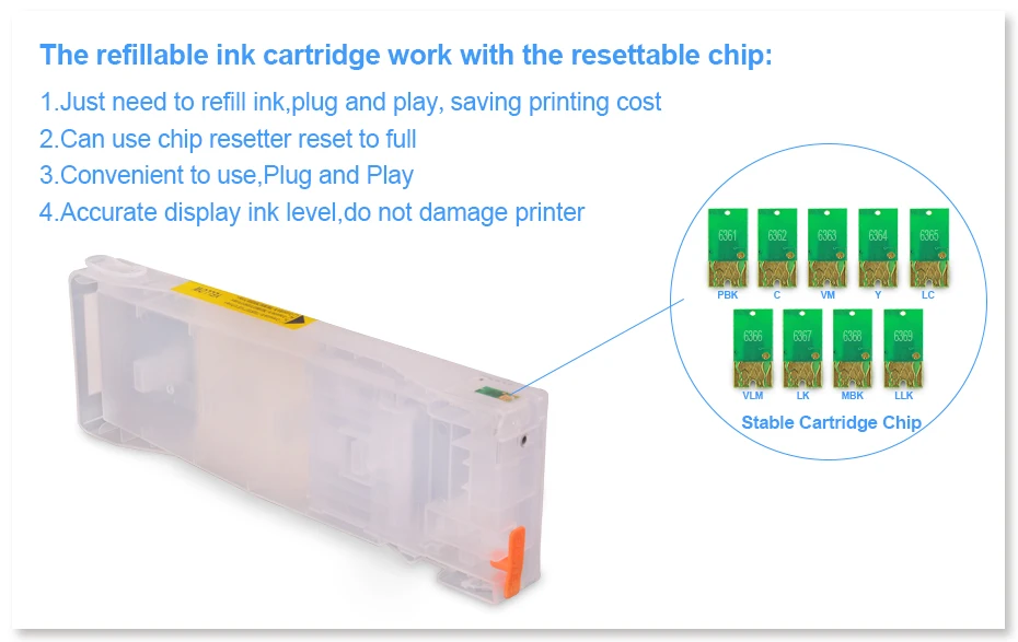 Cartucho de Tinta Recarregável com Chip para Epson Cores Conjunto T6361-t6369 Vazio Stylus Pro 7890 9890 7908 9908 Impressora 700 ml pc 9 - T6361 6 9 cores conjunto t6361 T6361-T6369 vazio cartucho