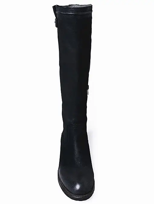 Коричневые сапоги до колена с закругленным носком в западном стиле женская обувь из натуральной кожи на не сужающемся книзу массивном каблуке женские сапоги для верховой езды в стиле ретро размер 35-41