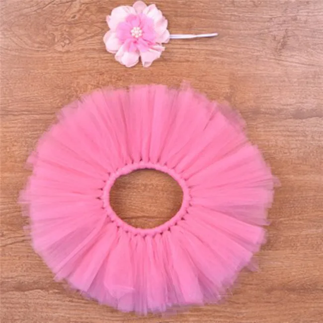 Новая юбка-пачка для новорожденных девочек комплект с повязкой на голову, резинка для волос с цветком из шифона, кружевная лента для фотосессии - Цвет: pink 1