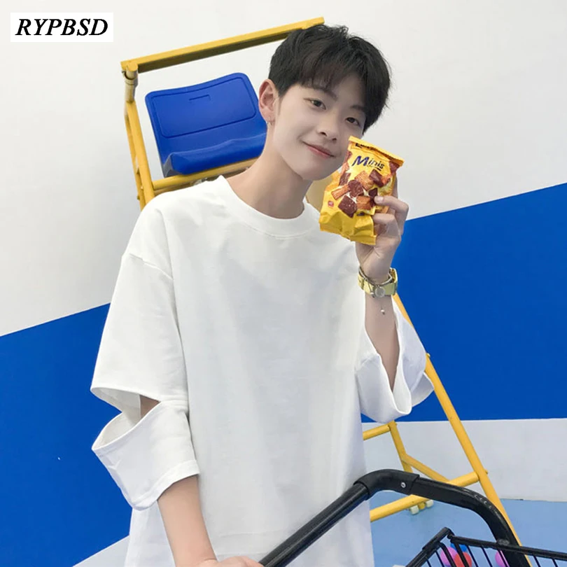 Летняя Новинка белая футболка мужская корейская мода свободная рваная футболка с дырками круглый вырез Harajuku уличная хип-хоп футболка Топы