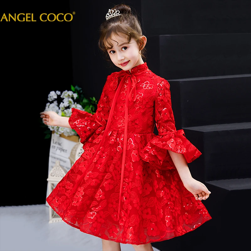 

3-15 Years Girls Evening Dress Elegant Red Fashion Satin Evening Gown Flare Sleeves Sequin Banquet Party Dress Winter Robe Rouge