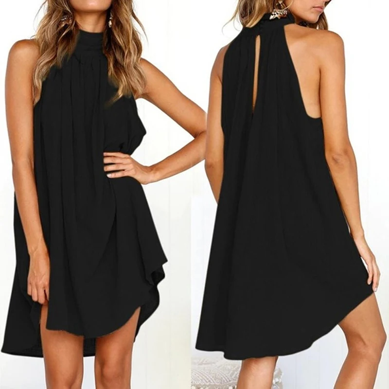 

Women Sexy Off Shoulder Dress Summer High Neck Sleeveless Mini Dress Woman Dresses For Beach Party