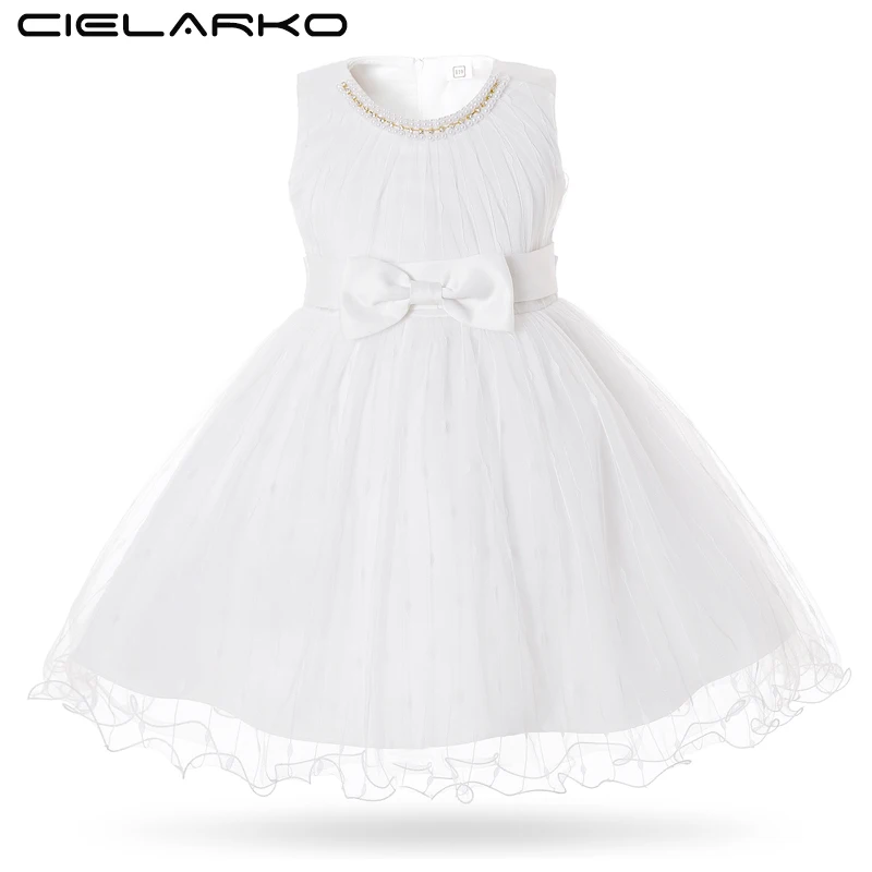 Cielarko White Baby Dress for Birthday Party Sleeveless with Bow