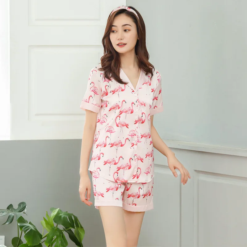 women's Pajama Sets Silk Print 2 Pieces Set Crop Top Shorts Women