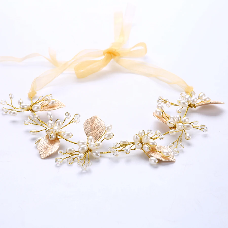 TUANMING-Bladgoud-Gesimuleerde-Parel-Tiara-Sieraden-Transparant-Kunstmatige-Kristal-Kralen-haaraccessoires-Party-Bruiloft-Gouden-lint