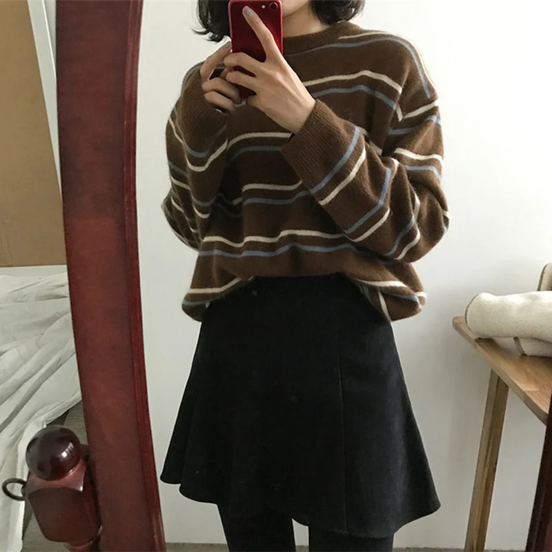 Пуловеры женские Мягкие осенние свитера с круглым вырезом шикарные повседневные топы Женский пуловер Милая Студенческая полосатая вязанная Свободная верхняя одежда Harajuku