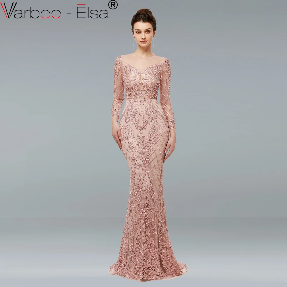 

VARBOO_ELSA Luxury Pink Mermaid Evening Gowns 2018 Long Sleeves Pearls Crystal Fashion Sexy Elegant Formal Evening Dress