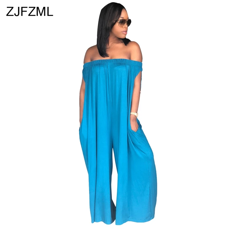 ZJFZML New Fashion Brand 2018 Casual Beach Style Women Jumpsuit Solid Slash Neck Sleeveless Long Loose Plus Size Romper