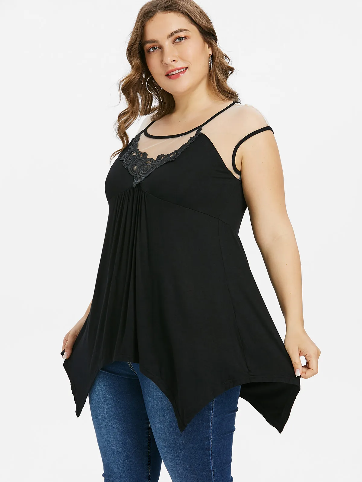  Rosgeal Plus Size Mesh Trim Handkerchief Tank Top Summer Women Top O Neck Sleeveless Long Tops Tees