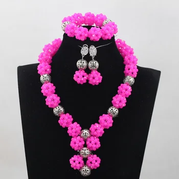 

Trendy Fushia Pink/White Crystal Balls set Nigerian African Wedding Bridal/Women Beads Necklace Jewelry Set Free Shipping ANJ262