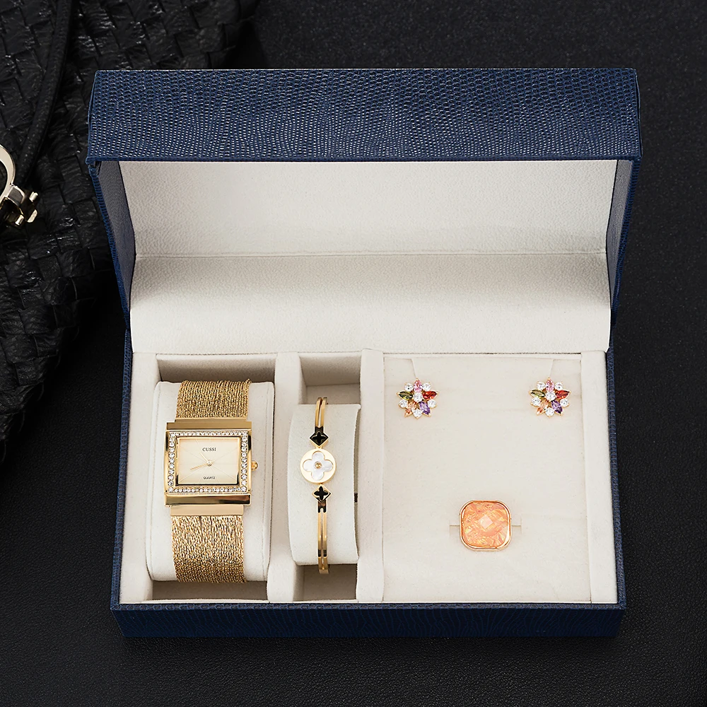 

2019 New designer watch gift box set CUSSI brand square watch dial rhinestones case golden band women fashion wrist watches top