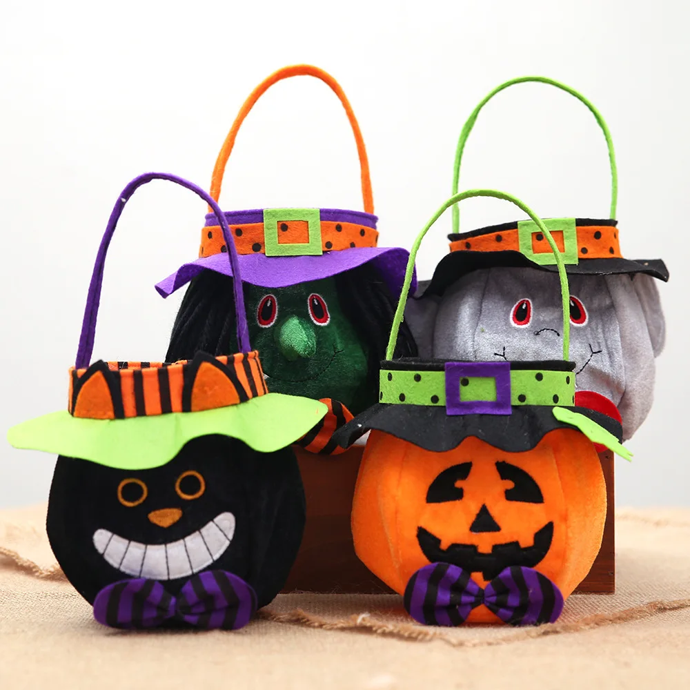 Halloween Candy Gift Bags With Round Cap Tote Bags Pumpkin Witch Black Cat Shape Cloth Sweets Candies Bag Hot Sales