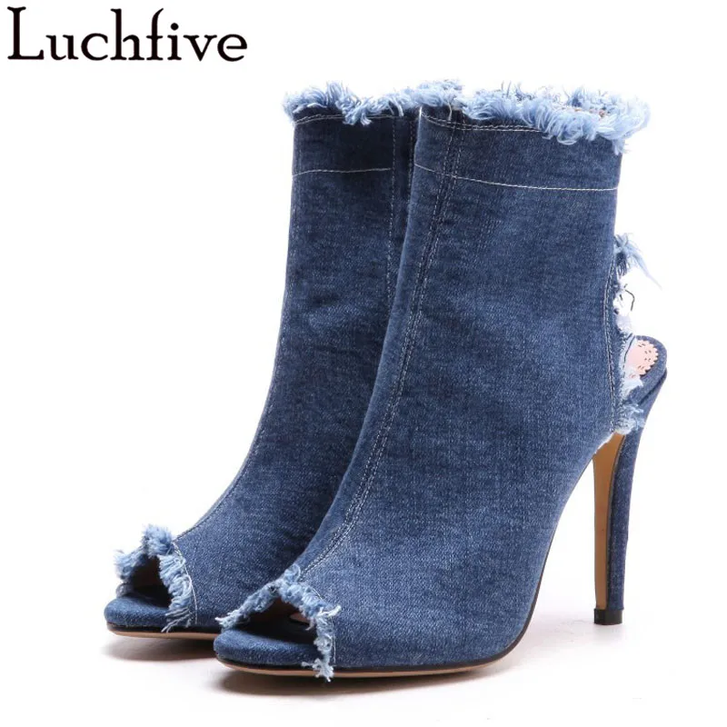 

Blue jeans bota feminina 2018 summer shoes ankle boots for women cowboy denim 10 cm high heels peep-toe tear hollow out sandals