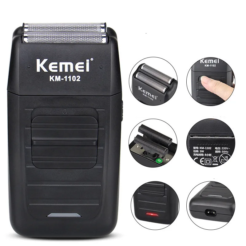 Kemei KM-1102 Аккумуляторная Беспроводная Бритва для мужчин с двумя лезвиями, возвратно-поступательная Бритва для бороды, уход за лицом, многофункциональный мощный триммер