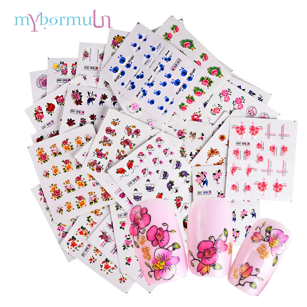 

MYBORMULA 55 Pcs Flower Designs Set Charms DIY Watermark Tips Nail Sticker Water Transfer Decal Decorations For Nail Art CHBJC55
