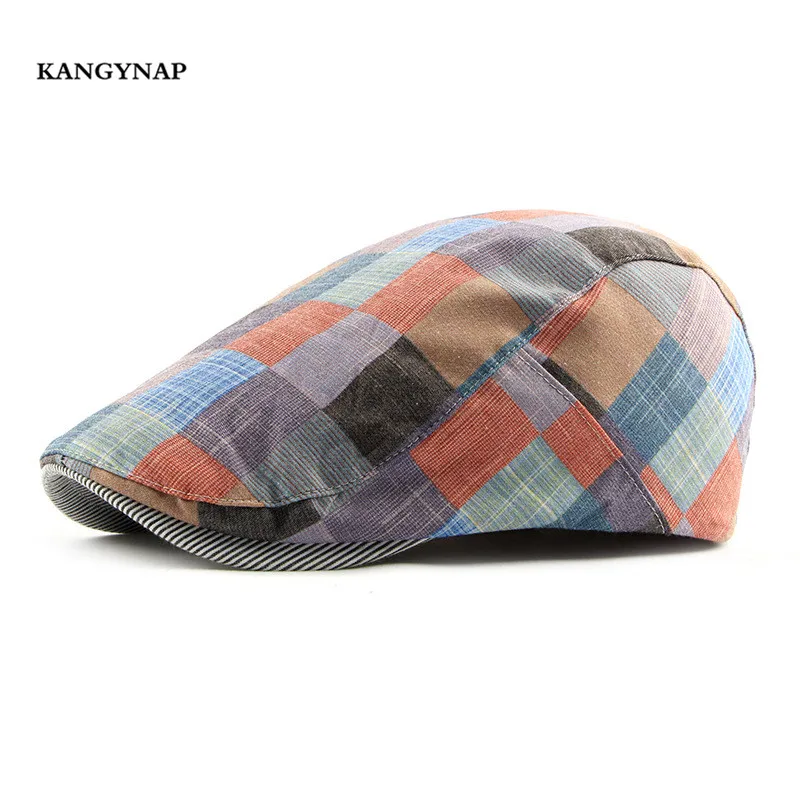 

[KAGYNAP] Men's Berets Caps Summer Fashion Retro Women Flat Cap Grid Berets Outdoors Casual Dad Hat Cotton Mens Peaked Caps