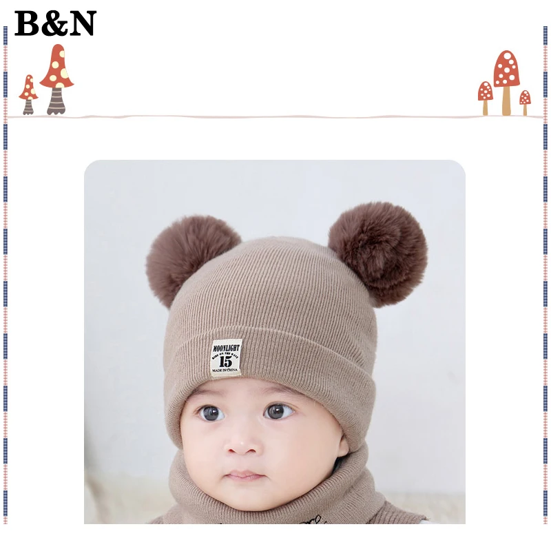 

B&N Children Hat Toddler Kids Baby Warm Winter Wool Hat Knit Sweet Solid Hat With Two Fur Pompoms Balls Baby Caps With Scarf