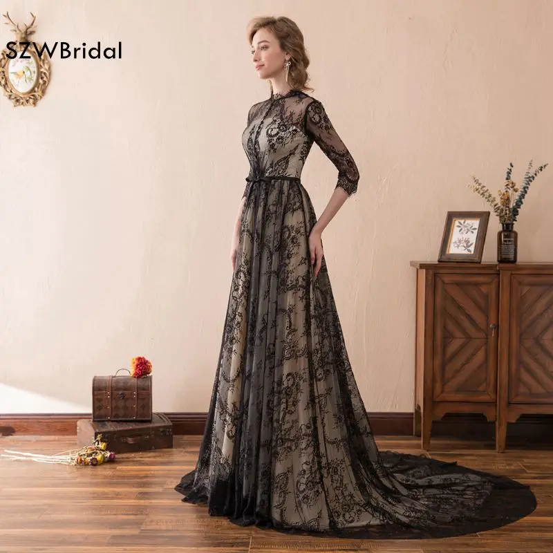 

Fashion Black Lace Evening dress 2019 Long sleeve Evening gown Kaftan Cheap christmas dress Abendkleider vestido de festa
