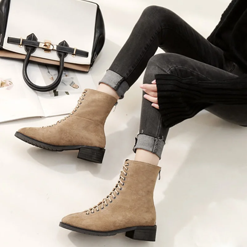 

Fashion New Women Autumn Winter Ankle Lace-Up Boots Solid Zipper Sewing Casual Warm Elegant Female Boots Plus Size 39 6O0213