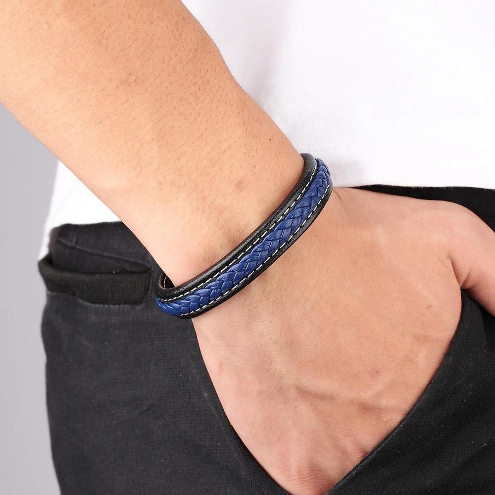 TYO® Black/Blue Cross Design Charm Leather Bracelet For Men Braid Rope Chain 