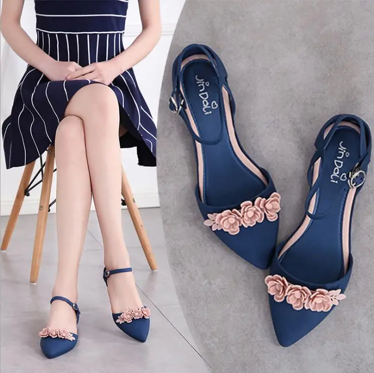 Новинка; модные летние женские босоножки в Корейском стиле с пряжкой, ремешками и цветами; женская обувь на Плоском Каблуке с закрытой пяткой; 20190521 - Цвет: Blue