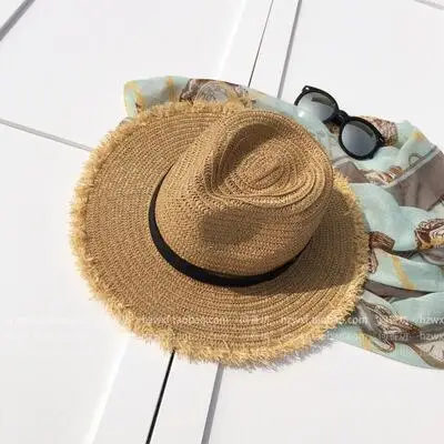 Новинка, женские соломенные шляпы с натуральными широкими полями, рафия, бахрома, Женские Простые большие пляжные летние солнцезащитные кепки, большие соломенные кепки - Цвет: khaki