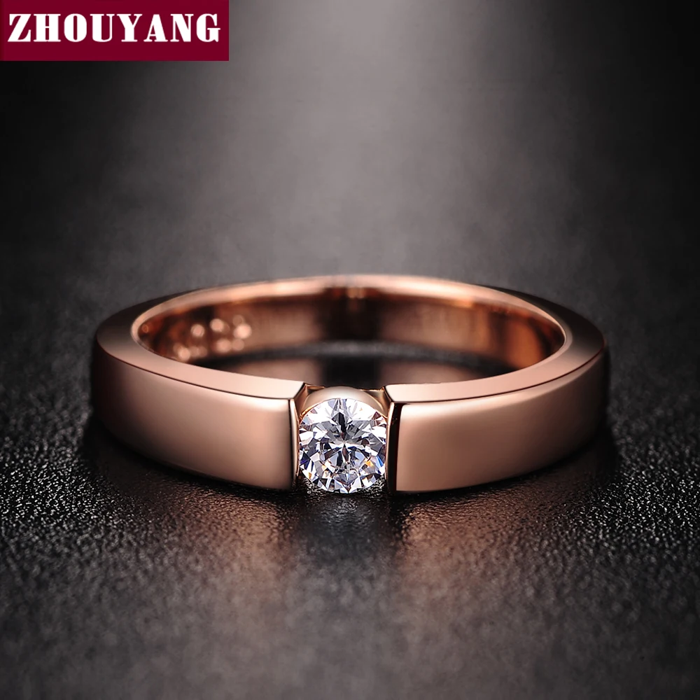 ZHOUYANG обручальные кольца для женщин и мужчин, классические кольца с кубическим цирконием для влюбленных из розового золота и серебра, модные ювелирные изделия R013 R400