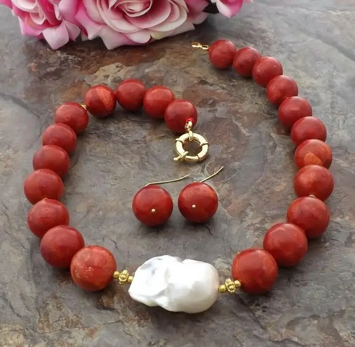 

beautiful 14 mm Red Coral White Keshi Pearl Necklace Earrings Set 18