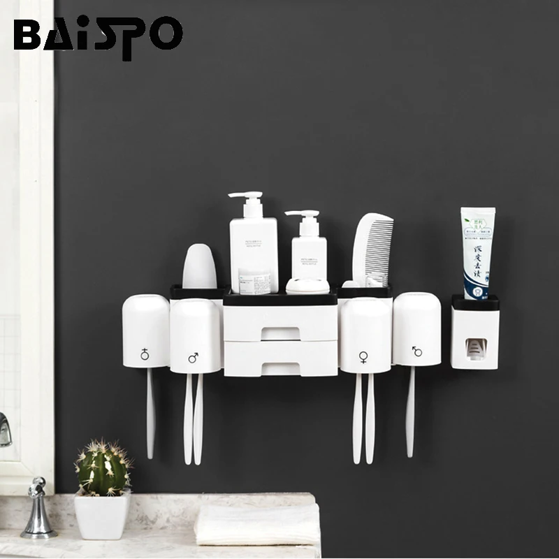 

BAISPO Wall-mounted Toothbrush Holder Toothpaste Organizer Bathroom Gadgets Multifunctional Water Resistant Bathroom Accessories