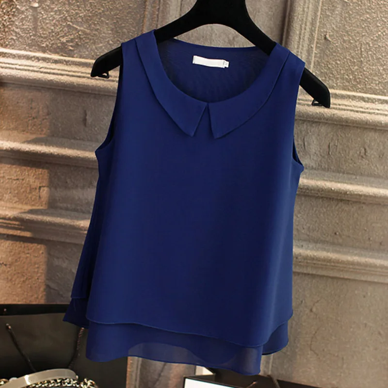 5XL Chiffon Elegant Turn Down Collar Women Shirts Large size Solid O Neck Summer Sleeveless Female Blouses 2019 Sweet Ladies Top