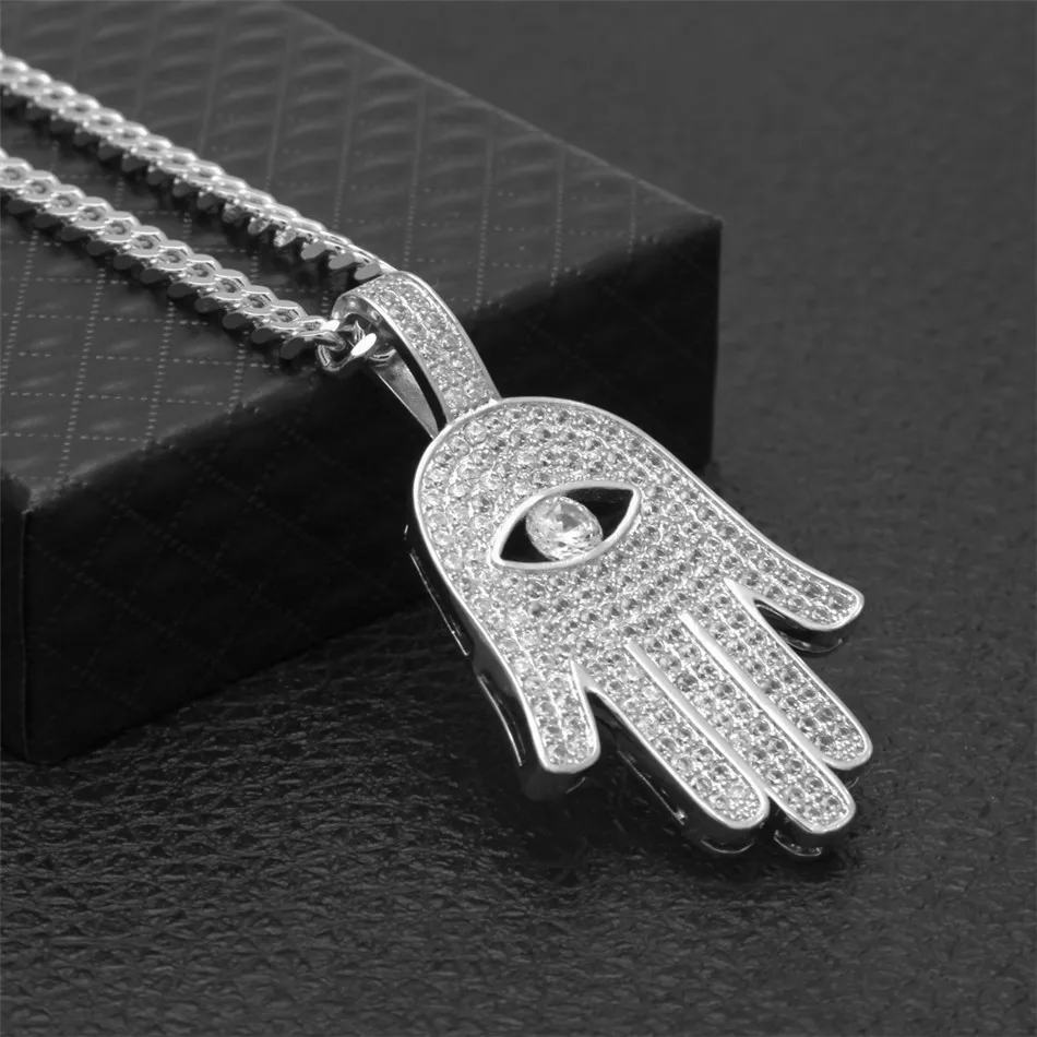 Uwin Iced Zircon Hamsa Hand Pendant 