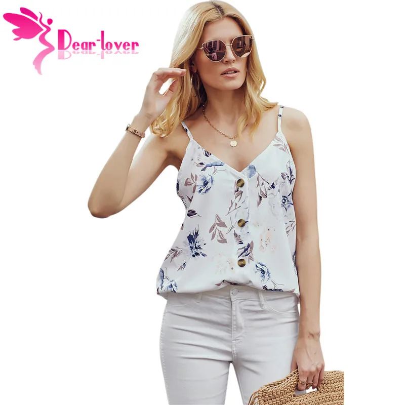 

Dear Lover Women's Floral Printed Casual V Neck Button Down Strappy Cami Tank Tops Summer Sleeveless Vest Tops White Blue Orange