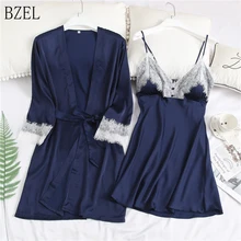 BZEL женское кружевное платье, сексуальный комплект из двух предметов, ночная рубашка, Шелковый атласный пояс, халат и платье-комбинация, Женское ночное белье, комплект нижнего белья, Пижамный костюм