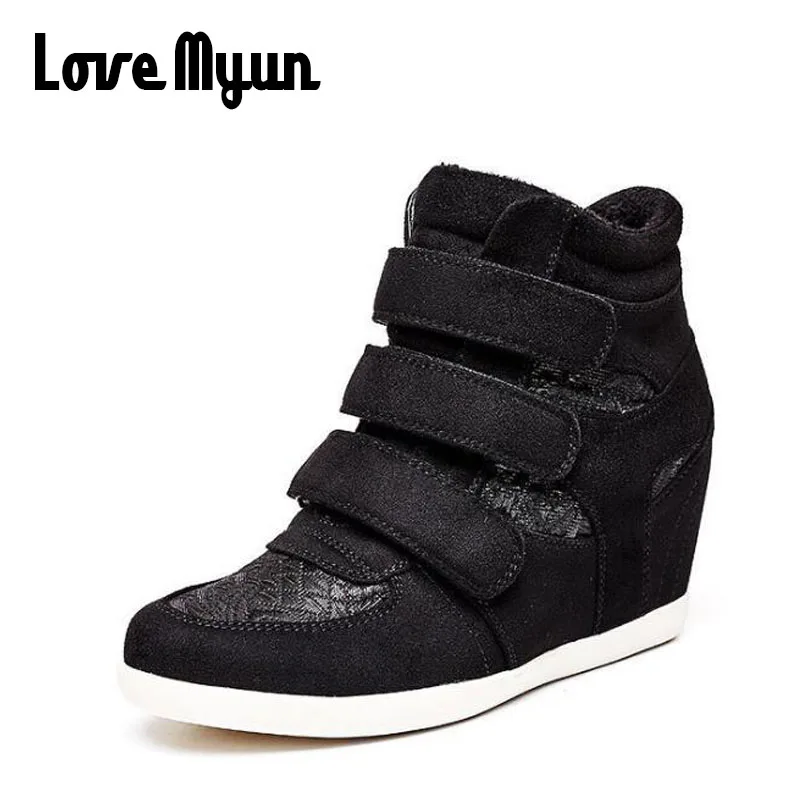 

Woman Sneakers Casual Wedge flat Platform Shoes Breathable Ankle BootS Black Women high top Height Increasing Shoes KK-84Z