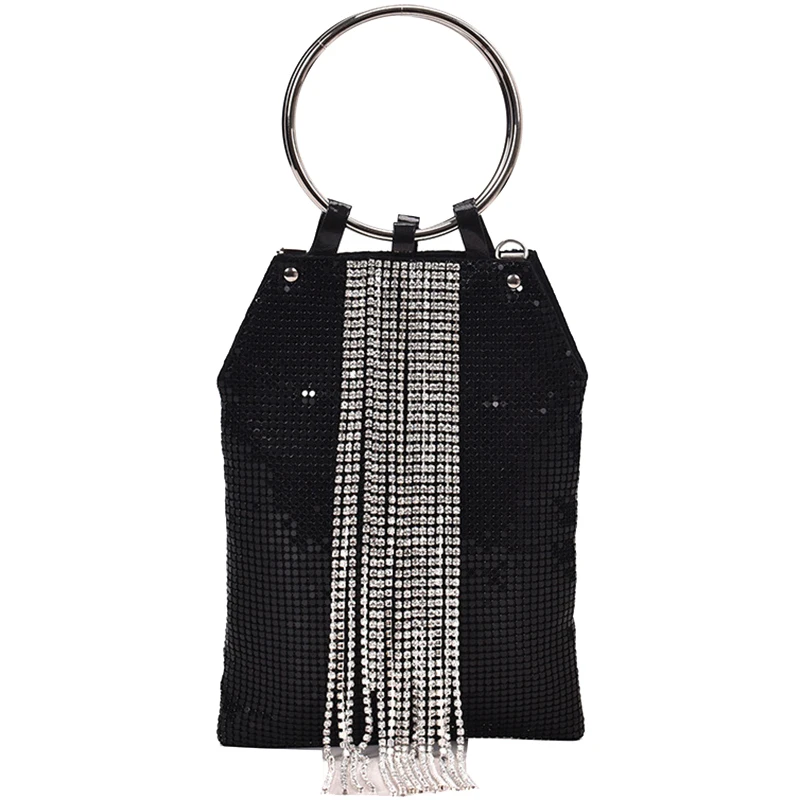 

New Fashion Party Ring Rhinestone Silver Sequin Tassel Chain Dinner Clutch