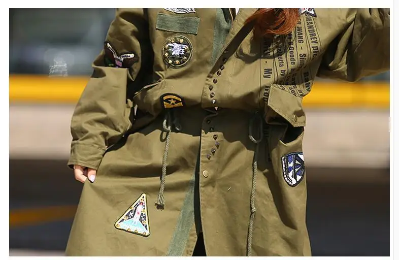 3111 ветровка для девочек длинный корейский Панк свободный армейский зеленый/черный пальто для женщин заклепочный патч дизайн регулируемая талия