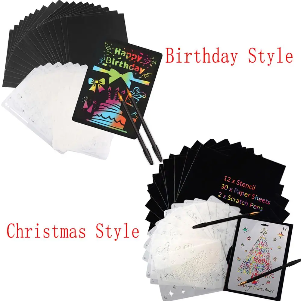 

44PCS DIY Magic Color Rainbow Scratch Painting Toys=12 Christmas Drawing Stencils 30 Scratch Paper 2 Double-head Sketch Art Pen