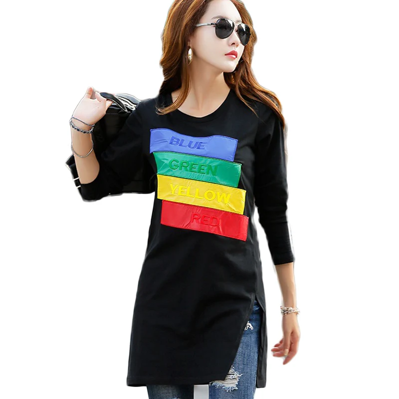 

New fashion long t shirt women long sleeve side split t-shirt autumn 2018 embroider winter basis white t shirt women cotton tops