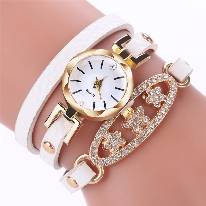 High Quality women fashion casual watch dress Leather Quartz Watch Luxury Bracelet Flower Gemstone Wristwatch Gift clock M22#N (5)