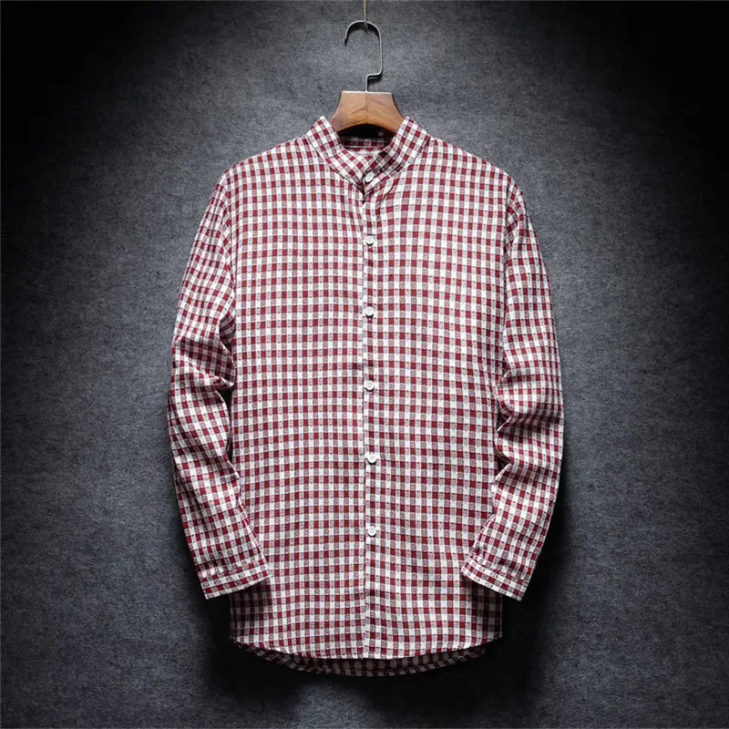 

Streetwear Style Plaid Shirt Stand Collar Casual Men Shirt Long Sleeve Slim Fit Comfortable Blue Red Black Mens Shirts