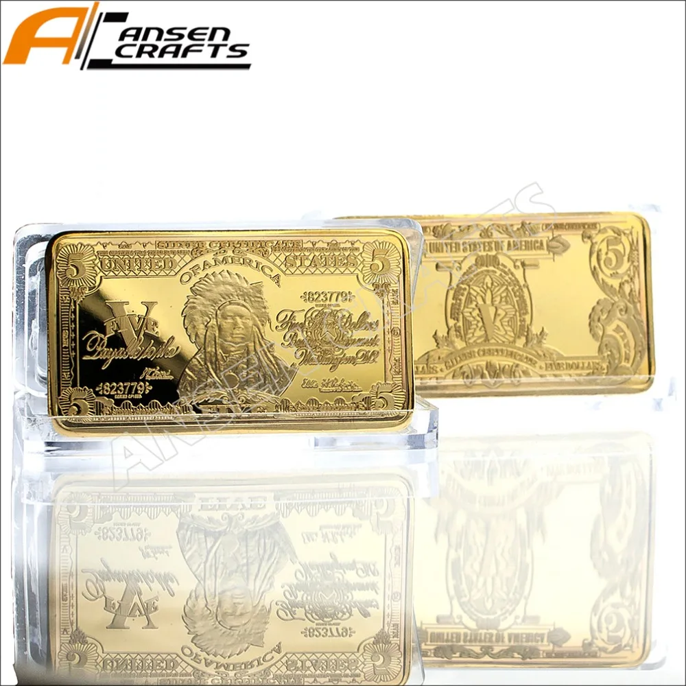 

Free Shipping Gold Clad 1899 $5 Indian Chief Certificate Bullion Ingot Bar