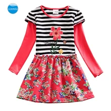 JUXINSU/Детские платья с длинными рукавами для маленьких девочек, осенне-зимнее хлопковое Повседневное платье в полоску с цветами для девочек 1-8 лет