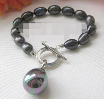 

free shipping 1122 8" 12mm black baroque freshwater pearl bracelet & shell pendant