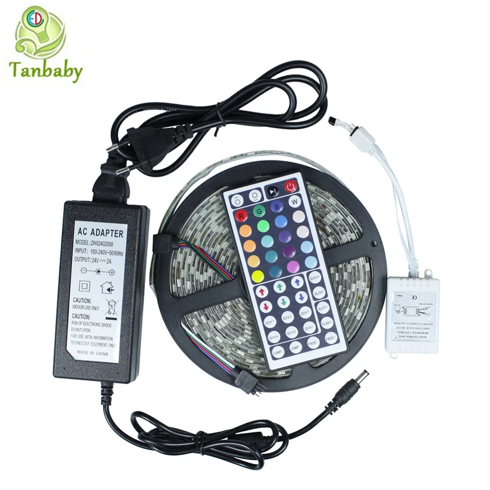 #cheap 5M SMD 5050 led strip RGB+44 key controller+24V 2A 60led M DC24V IP65 Waterproof flexible outdoor ribbon decoration lamp